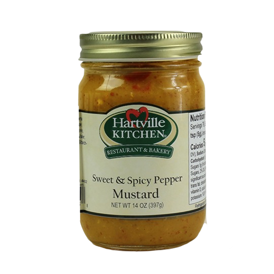 Glass jar of Hartville Kitchen sweet and spicy pepper mustard with metal lid for kitchen and dining use