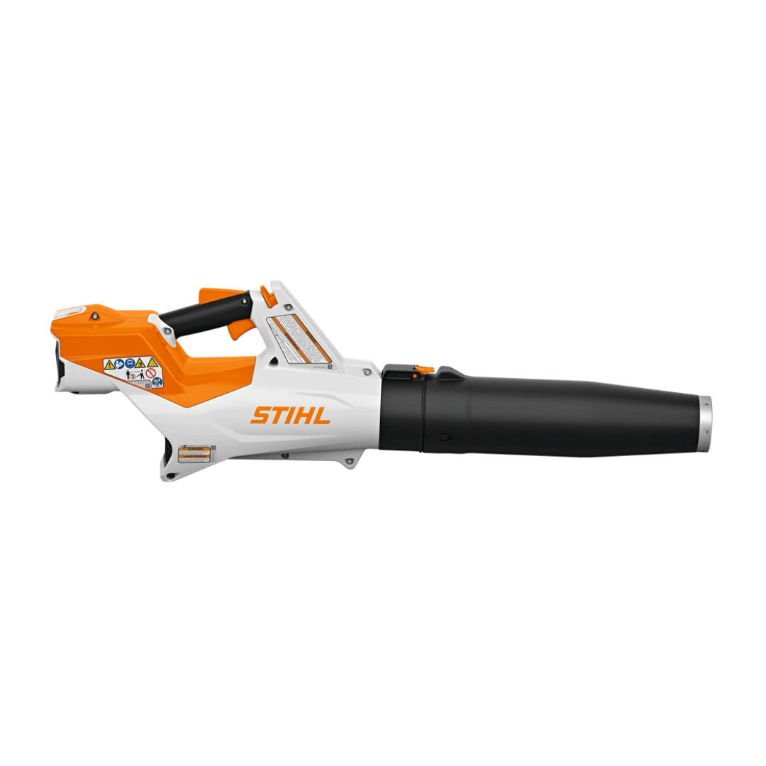 Orange and white handheld cordless blower tool with black nozzle designed for outdoor home improvement use