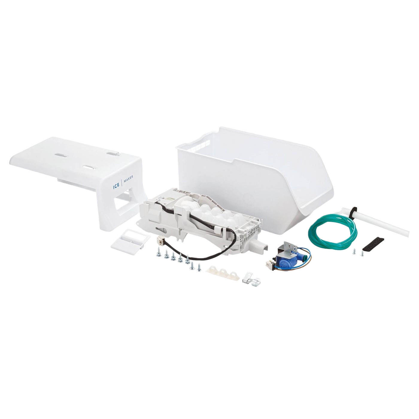 Complete ice maker kit with sensor arm, water valve, and mounting components for top mount refrigerator appliances.