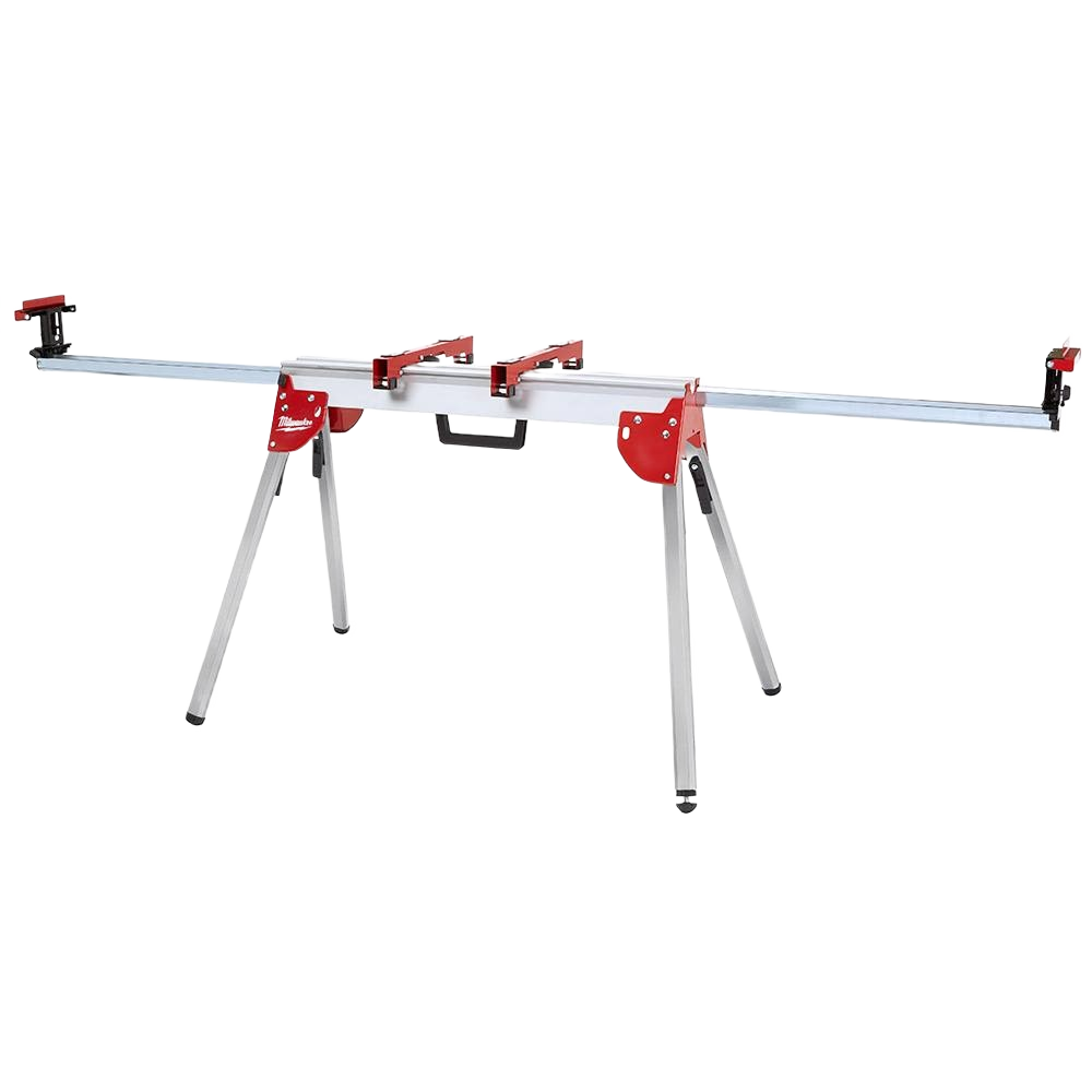 Foldable aluminum miter saw stand with red metal supports and adjustable legs for stable use in home improvement tasks