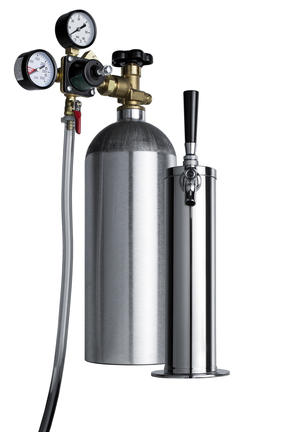 Commercial stainless steel draft tower and CO2 tank with gauges for beverage centers and kitchenware collections