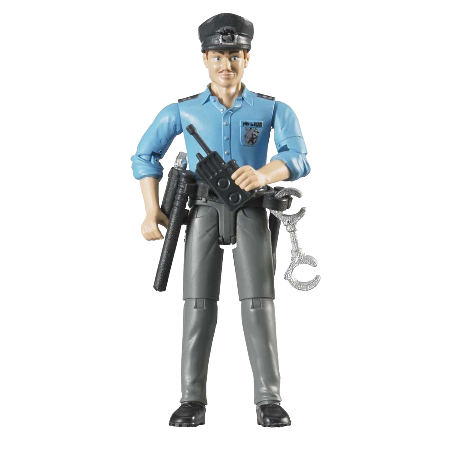 Action figure of a light skin policeman holding radio with baton and handcuffs, toy for vehicles and games collections