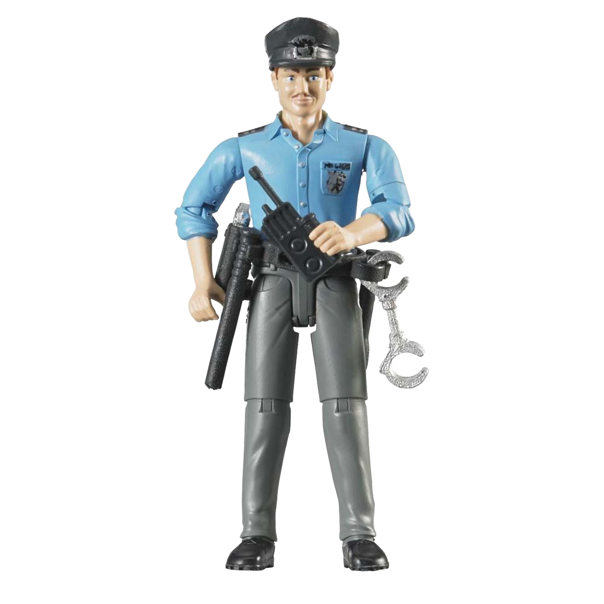 Action figure of a light skin policeman holding radio with baton and handcuffs, toy for vehicles and games collections