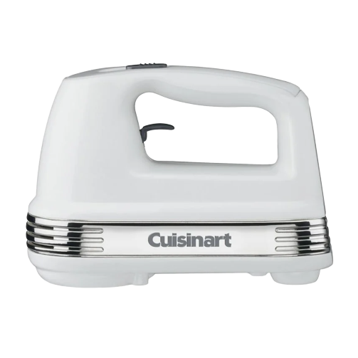 White 9-speed hand mixer with chrome accents and ergonomic handle designed for efficient home kitchen use