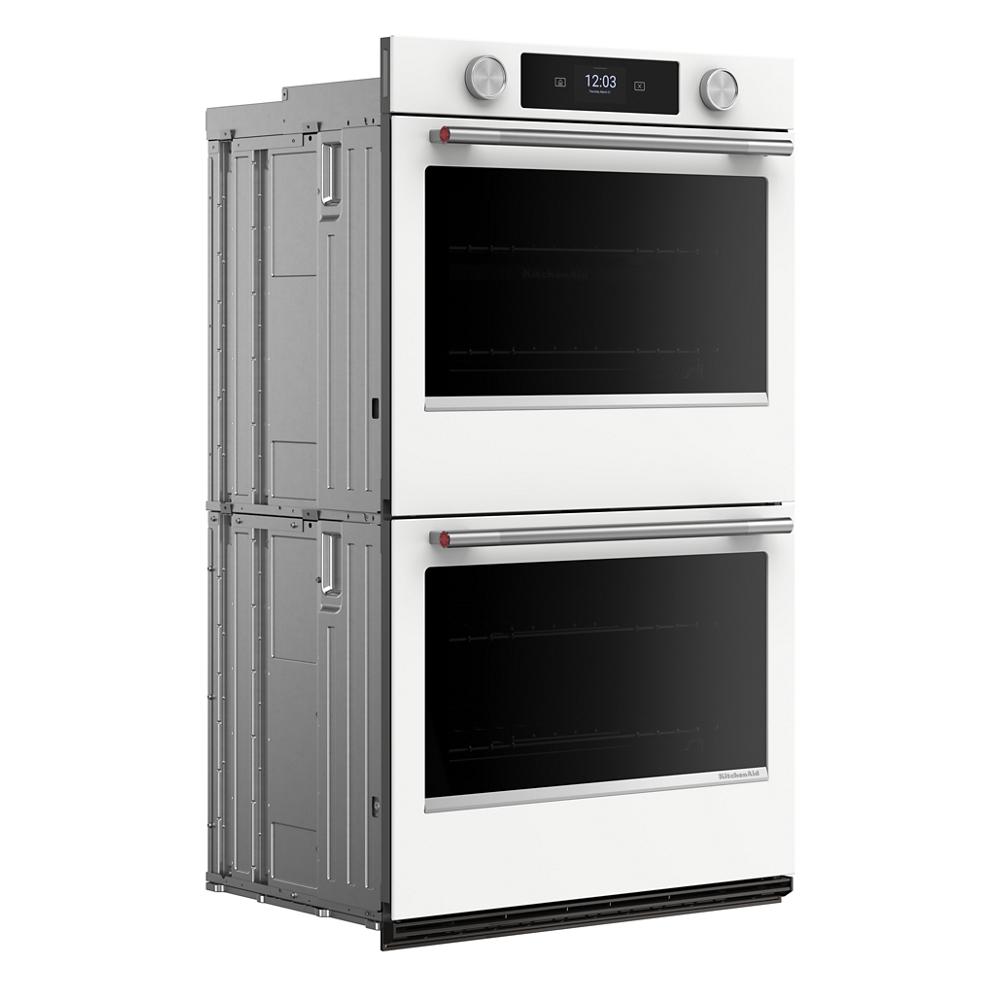 White 30-inch smart electric double wall oven with LED touchscreen and backlit knobs for KitchenAid appliances collection