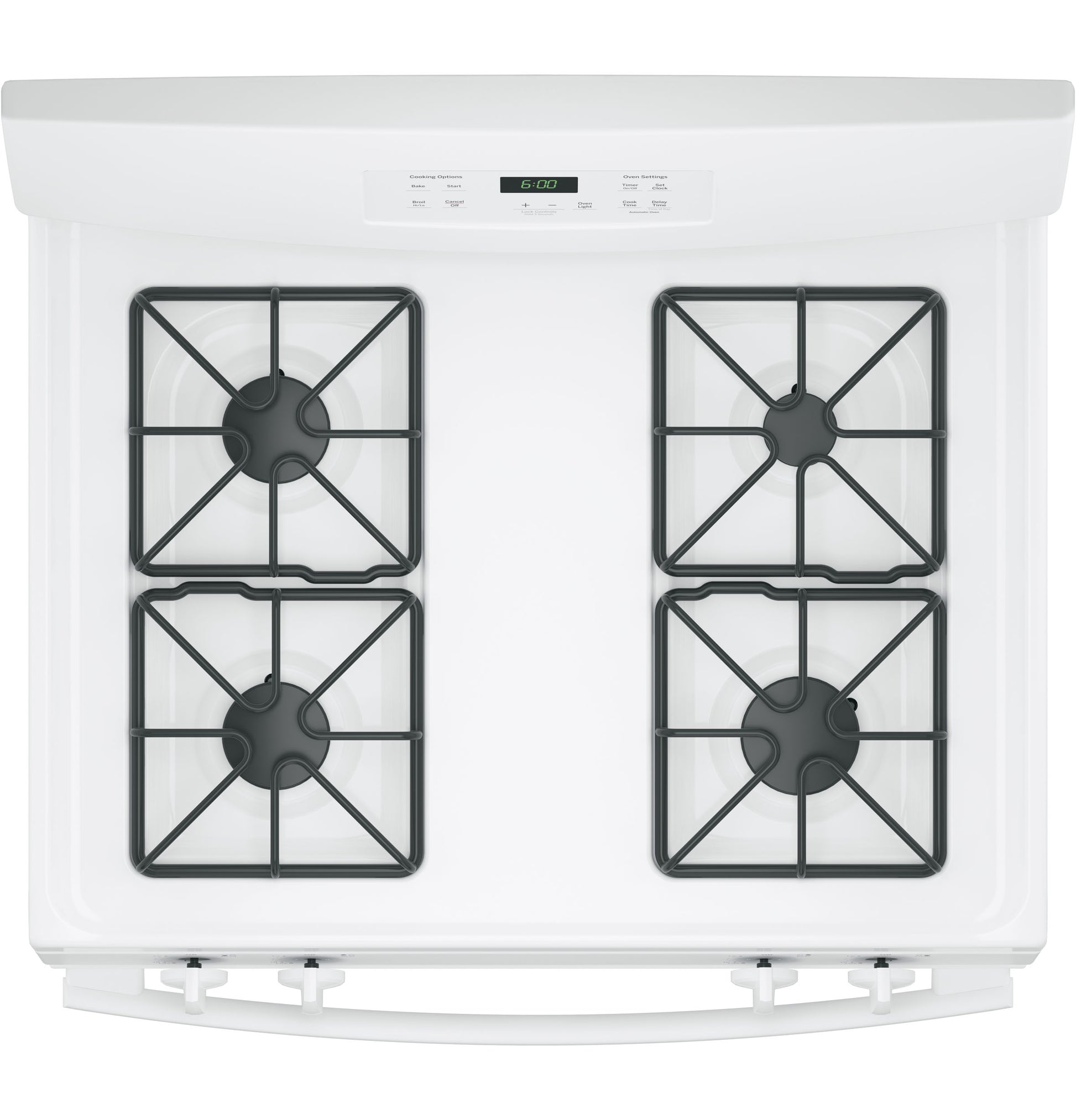 White free-standing gas range with four burners and digital control panel from Ranges and Gas Ranges collections