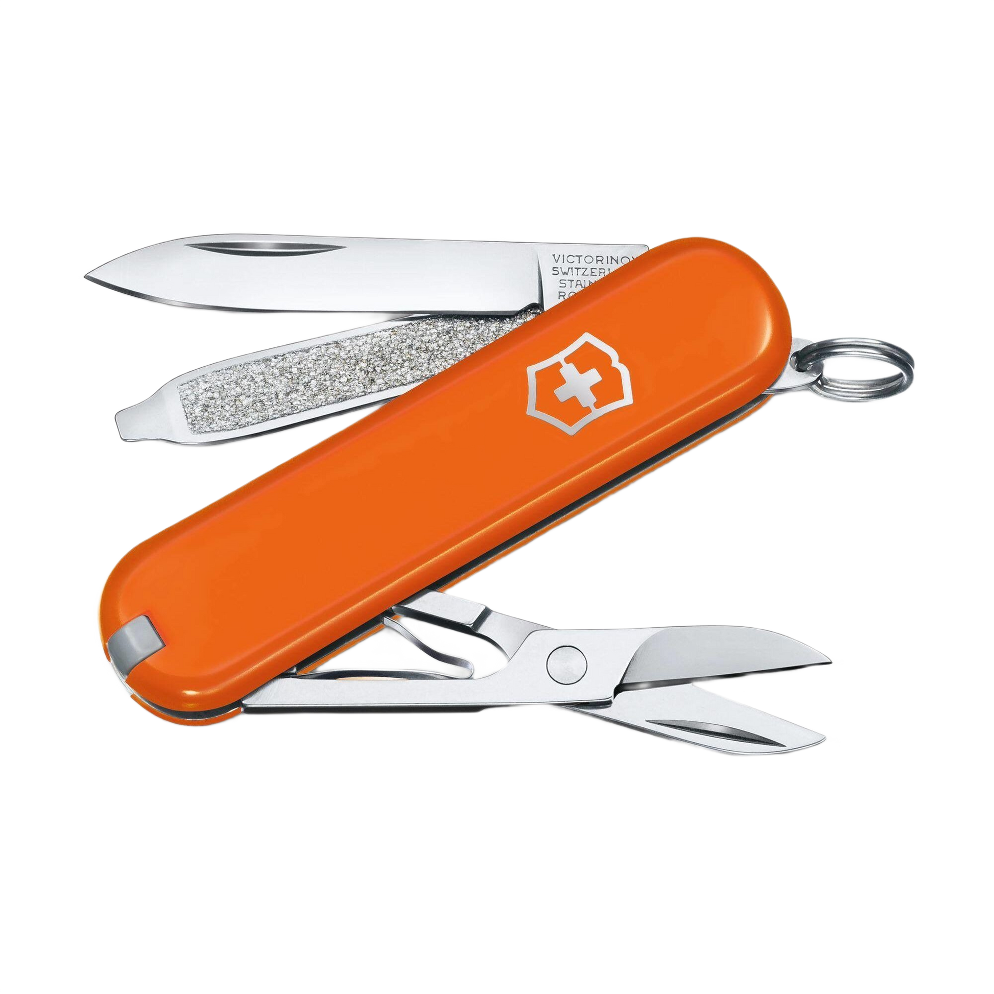 Compact orange Swiss Army pocket knife with multiple tools for cutting and grooming in hand tools and multi-tools collections