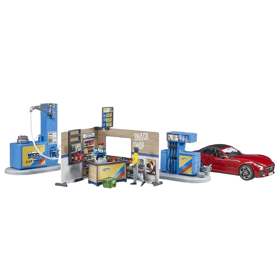 Miniature gas station and car wash playset with fuel pumps, snack shop, and red toy sports car accessory