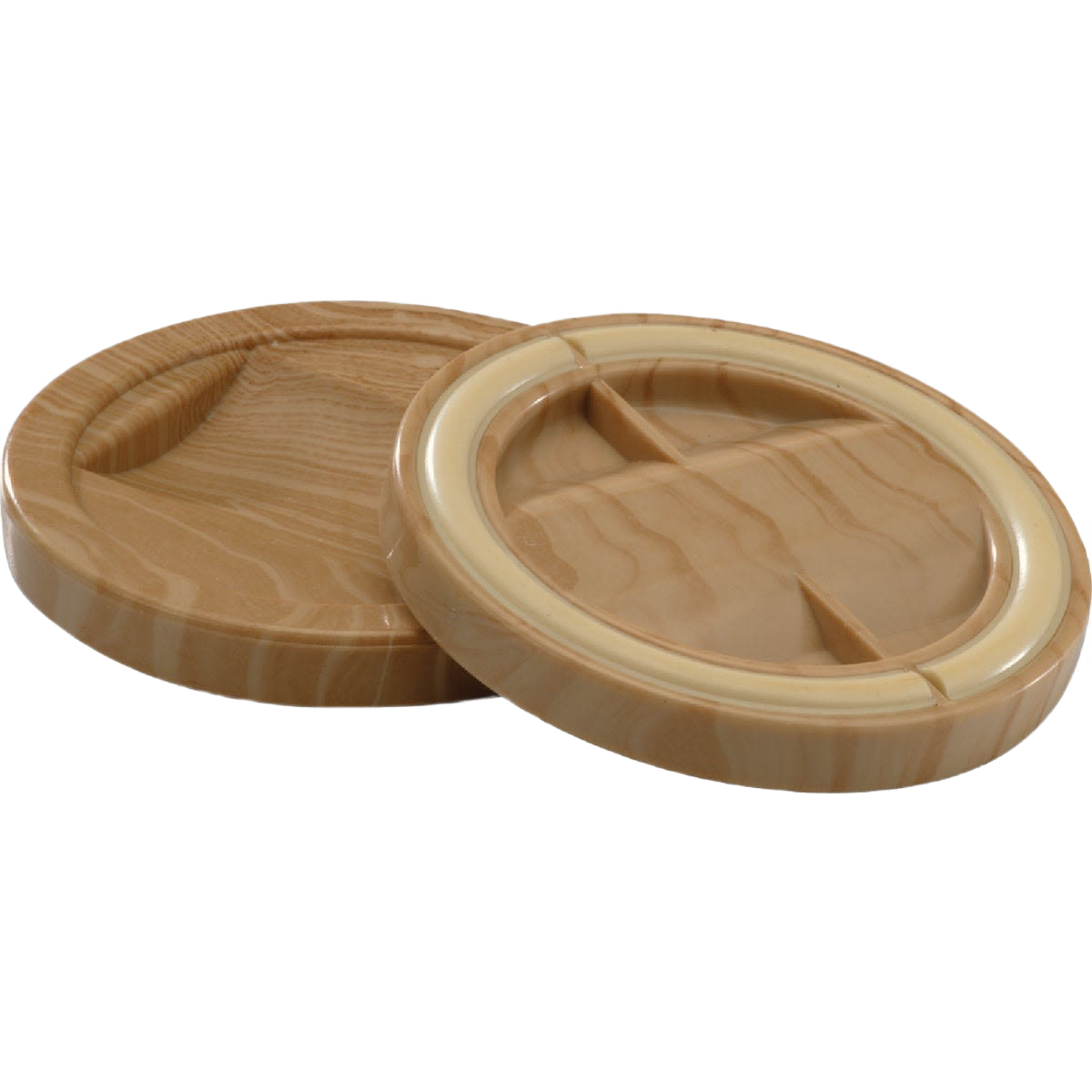 Pair of woodgrain-effect caster cups designed for furniture accessories protecting hardwood floors in home improvement hardware