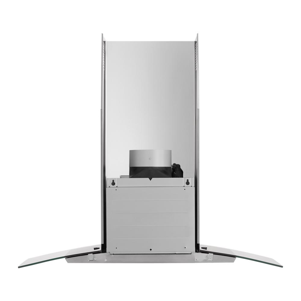 Curved glass wall mount range hood with stainless steel vent and detachable grease filter in kitchen appliances collection
