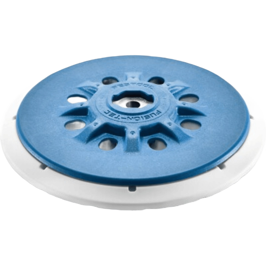 Blue and white sander backing pad with multiple ventilation holes for home improvement and tool use