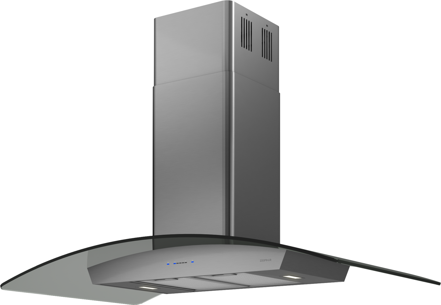 Curved glass canopy with stainless steel chimney and touch controls in Island Range Hoods and Kitchen Appliances collection