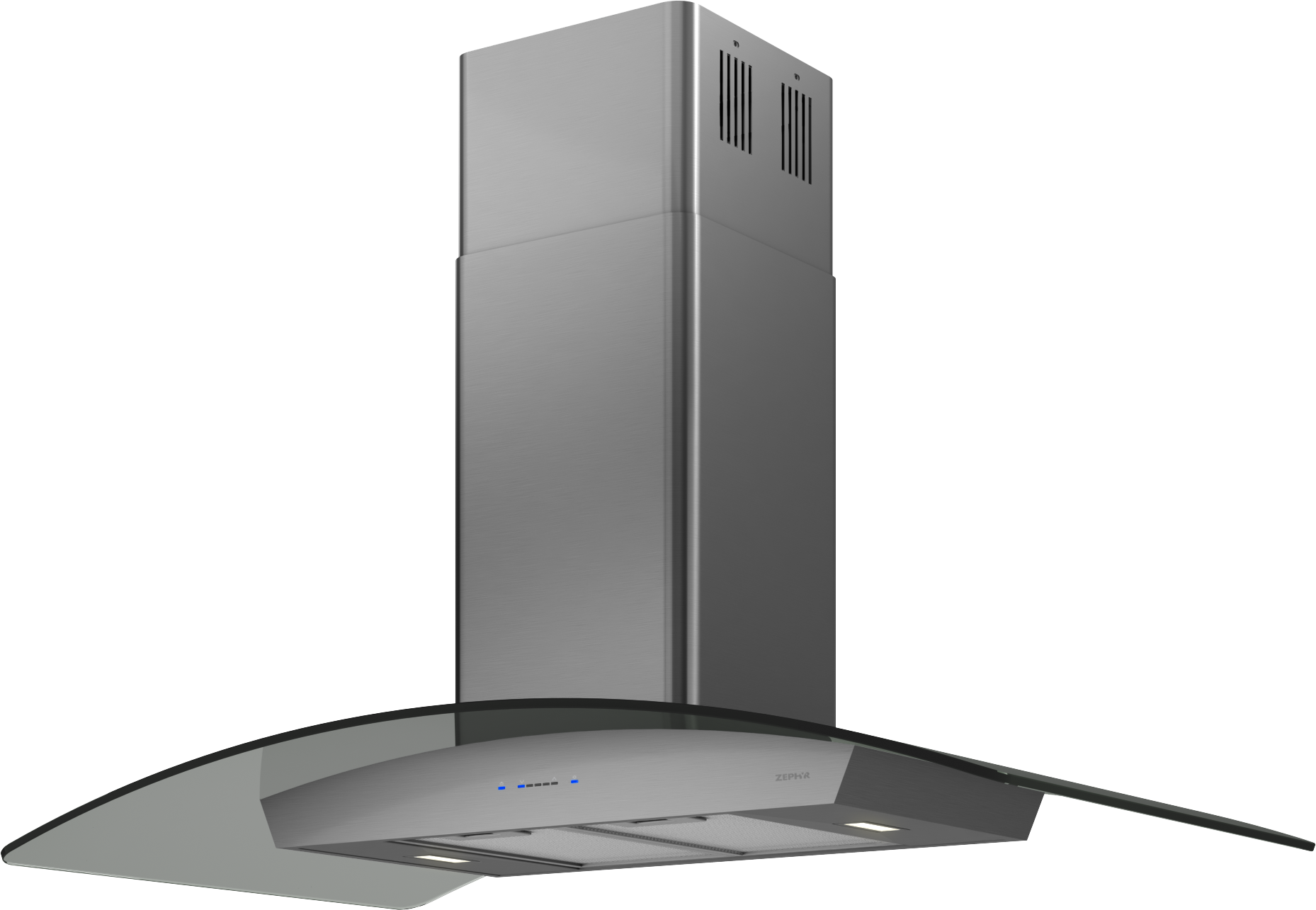 Curved glass canopy with stainless steel chimney and touch controls in Island Range Hoods and Kitchen Appliances collection