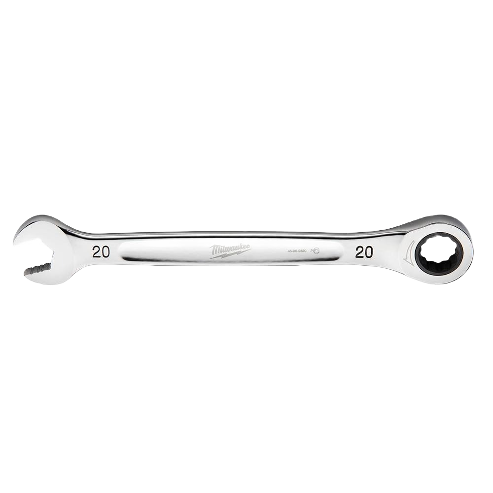 Polished 20-mm metric ratcheting combination wrench with open and closed ends for tools and home improvement use