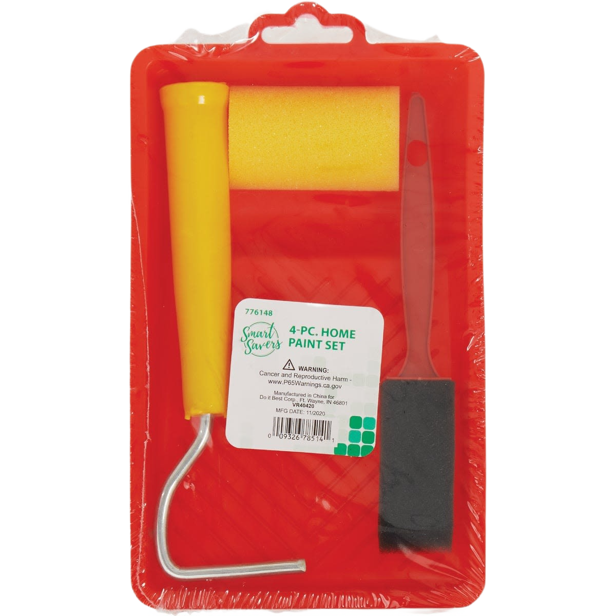 4-piece home paint kit with yellow foam roller, black foam brush, and red paint tray in paint supplies collection
