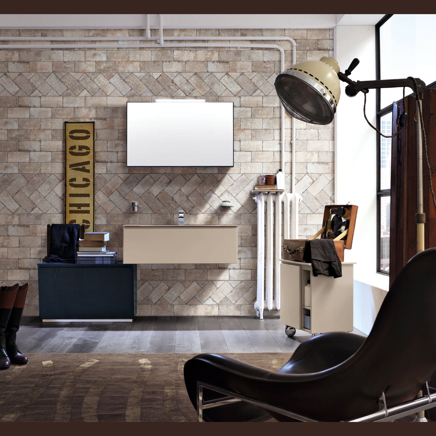 Neutral-toned matte porcelain tiles with varied rectangular and diagonal layout creating a textured wall for home improvement