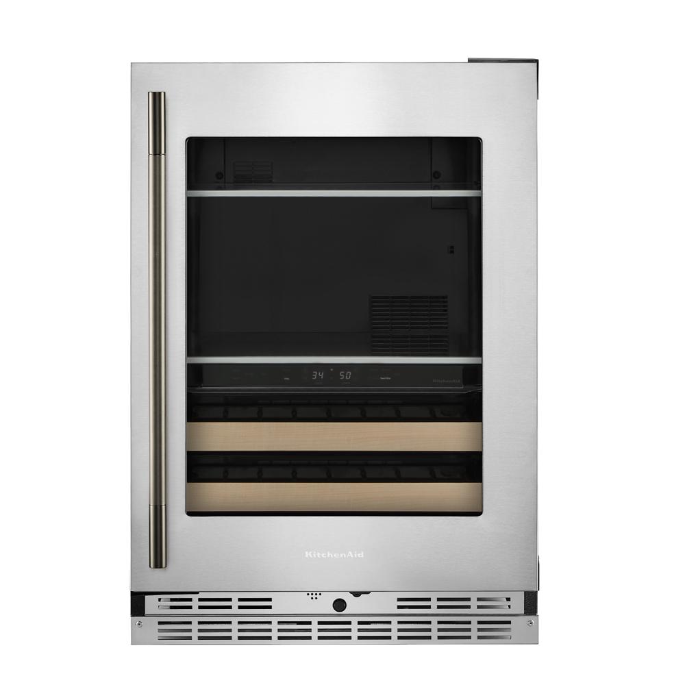 Stainless steel 24-inch beverage center with glass door and wood-front racks in KitchenAid appliances collection