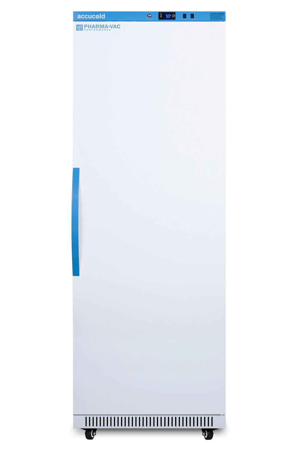 Tall upright medical refrigerator with blue handle and digital control, ideal for pharmacy and vaccine storage in appliances collection