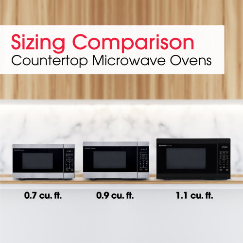 Comparison of three countertop microwave ovens in increasing sizes 0.7, 0.9, and 1.1 cubic feet on kitchen counter