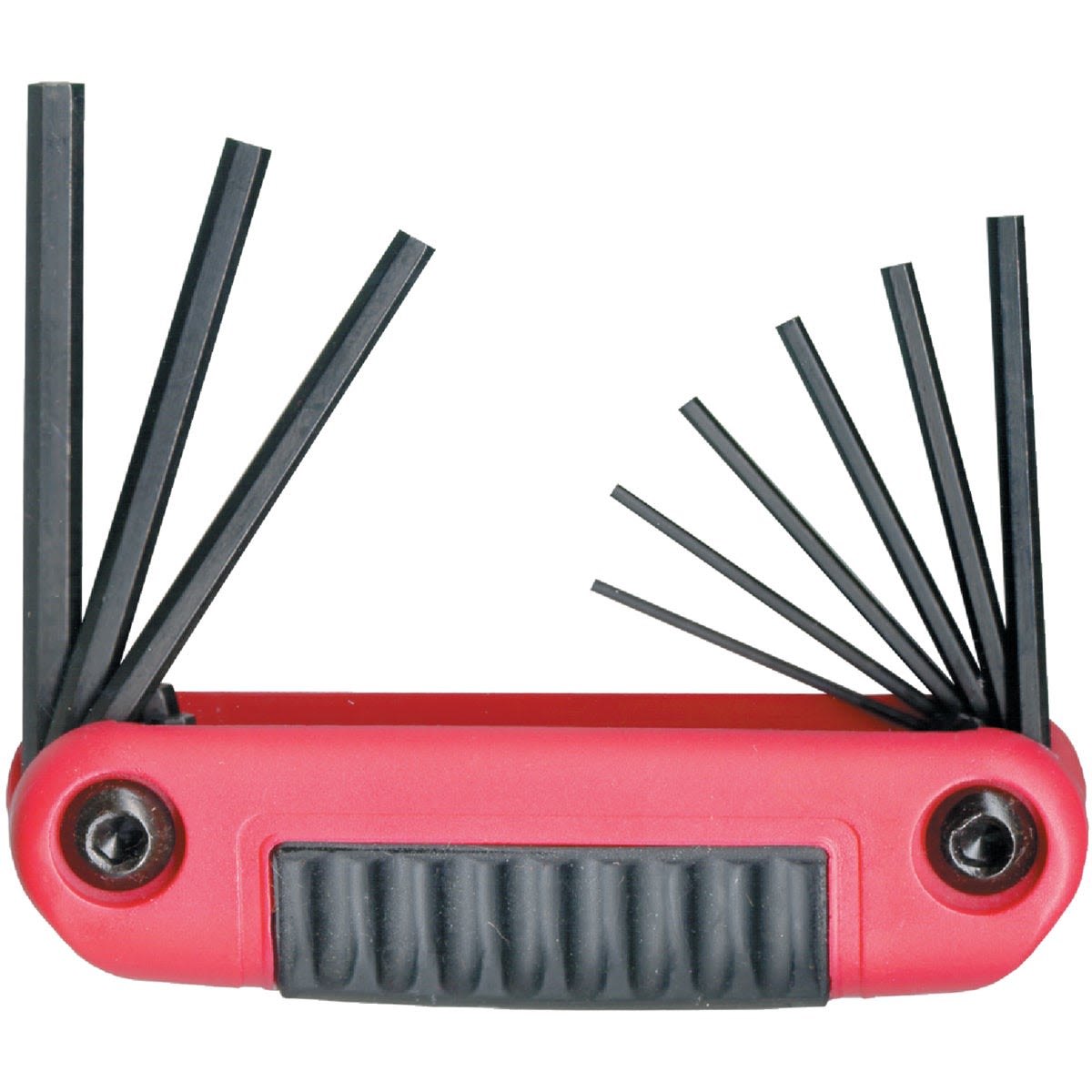 Compact red and black hex key set with ergonomic foldable handle for comfortable grip in tool accessories and home improvement.