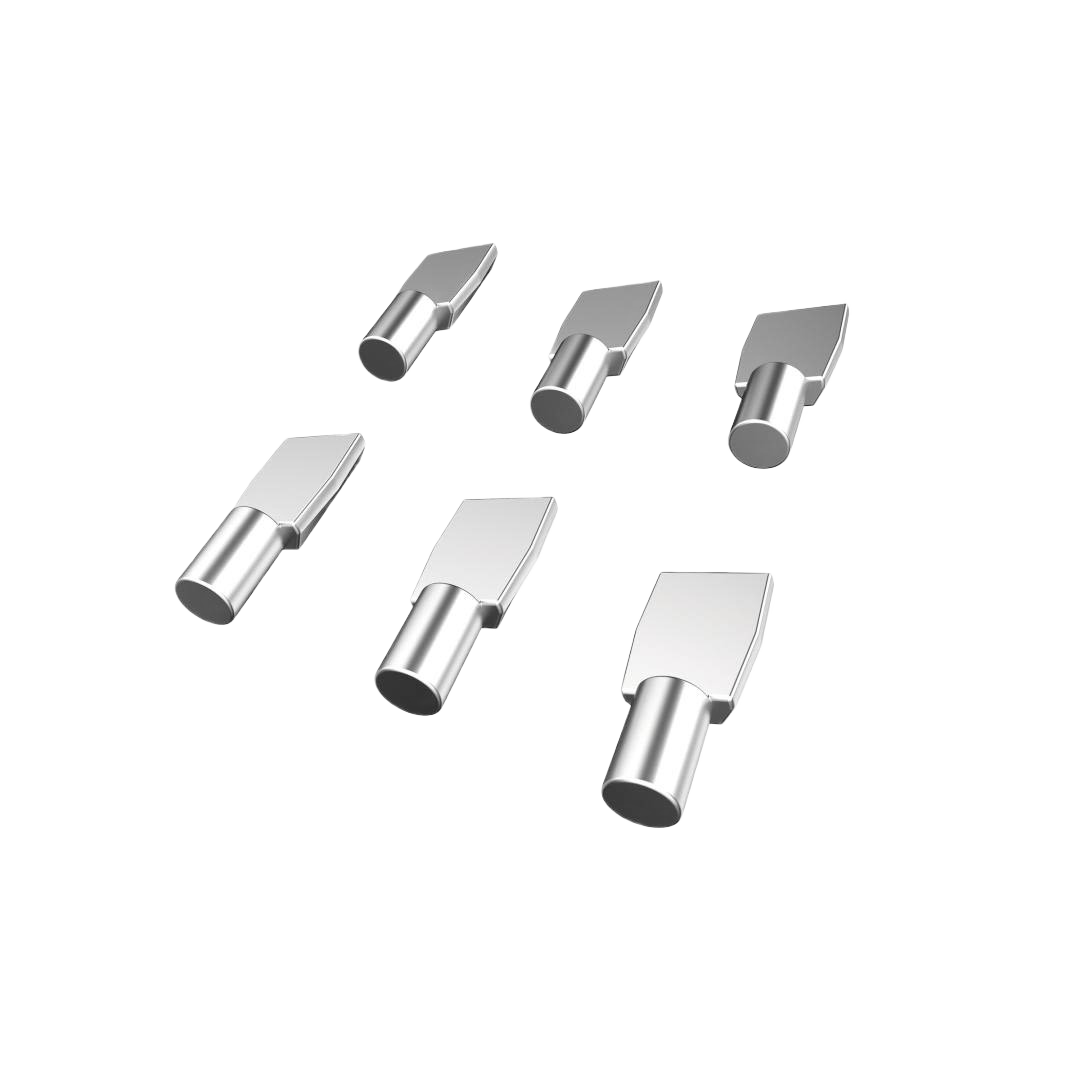 Set of six metal shelf pins with smooth cylindrical shafts for woodworking tool accessories and home improvement projects