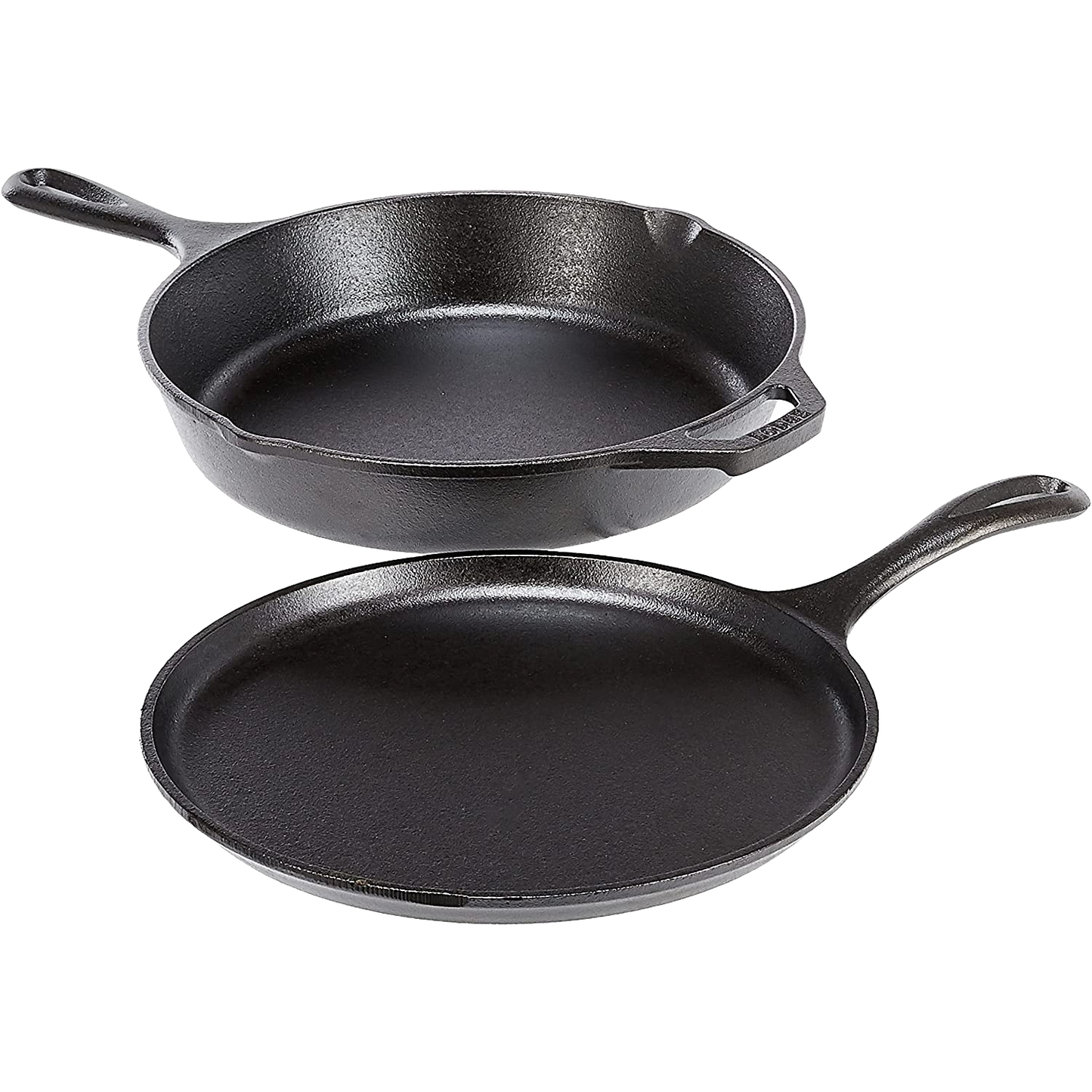 Two seasoned cast iron skillets with pouring spouts and loop handles, durable cookware for kitchenware collection.