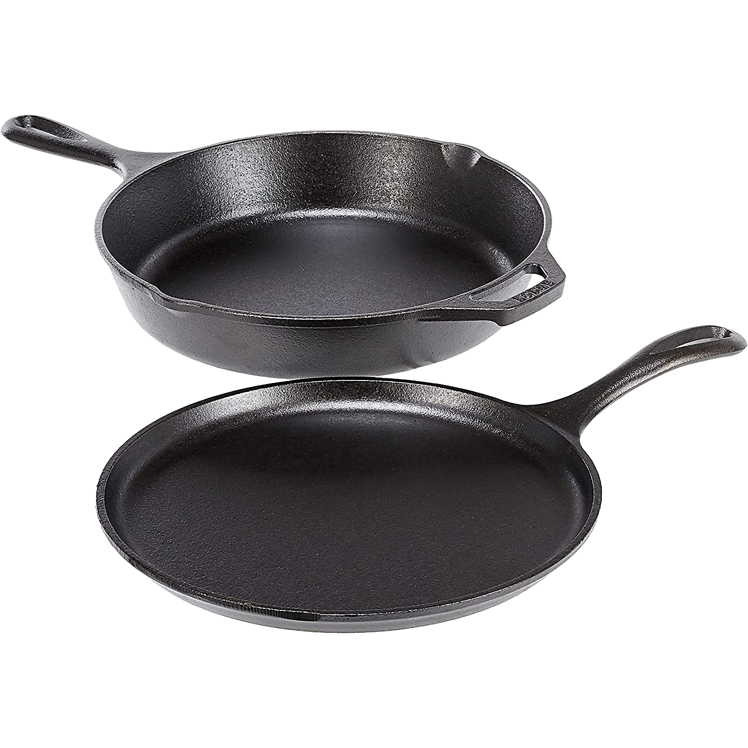 Two seasoned cast iron skillets with pouring spouts and loop handles, durable cookware for kitchenware collection.