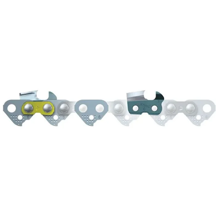 Close-up of a skip-pattern saw chain segment with extra drive links and tie straps for improved cutting performance, part of STIHL parts and accessories.