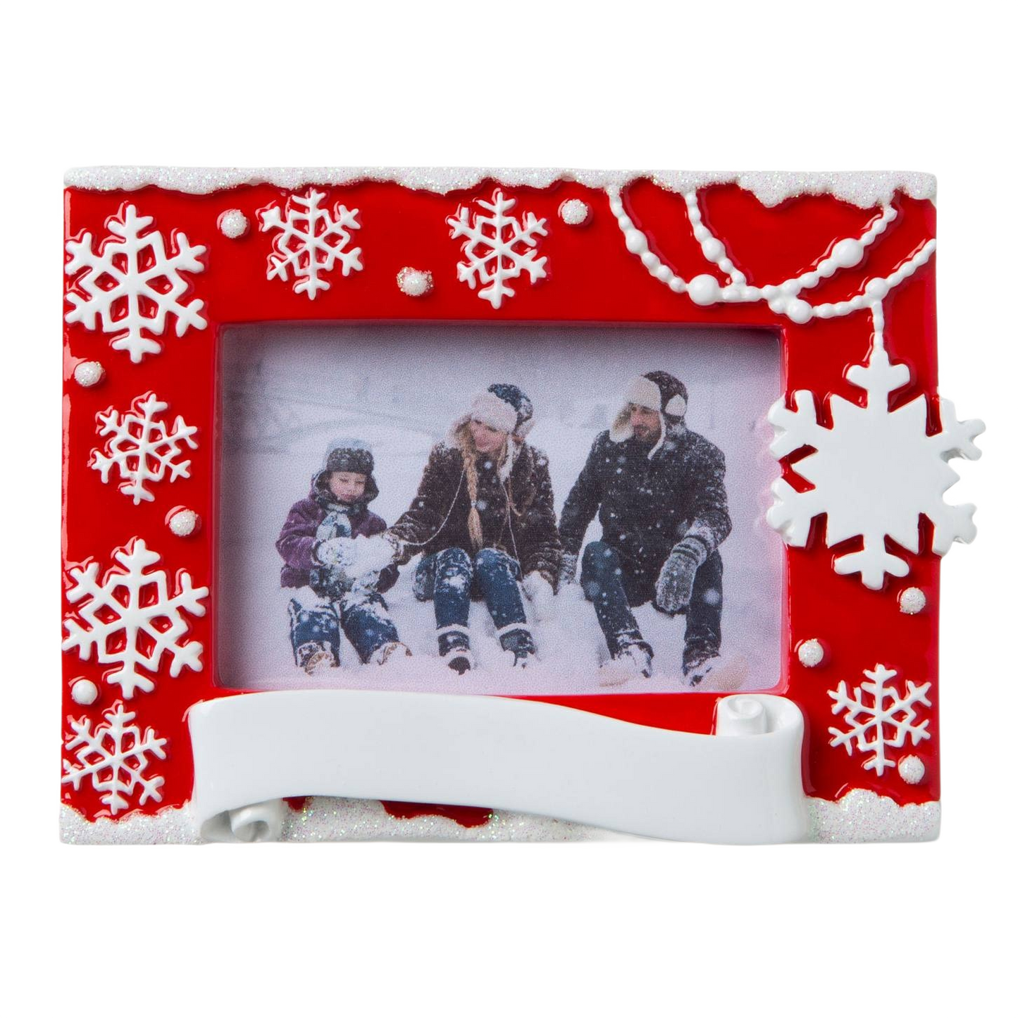 Red personalized snowflake photo frame ornament with white accents for Christmas Ornaments & Tree Decorations under $50 collection