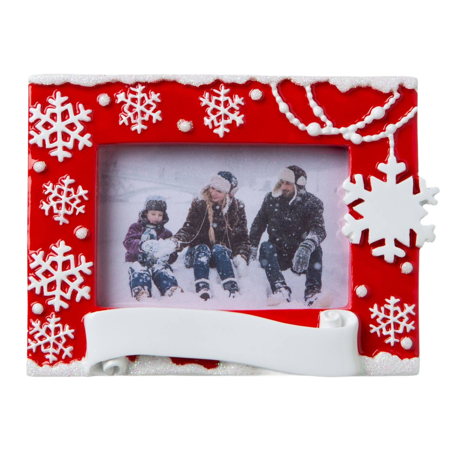 Red personalized snowflake photo frame ornament with white accents for Christmas Ornaments & Tree Decorations under $50 collection