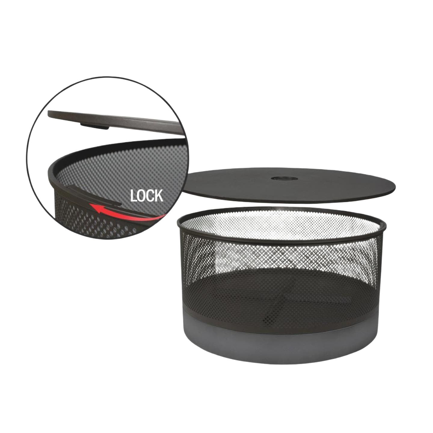 Round black steel fire pit with mesh sides and removable lid for patio and outdoor living spaces