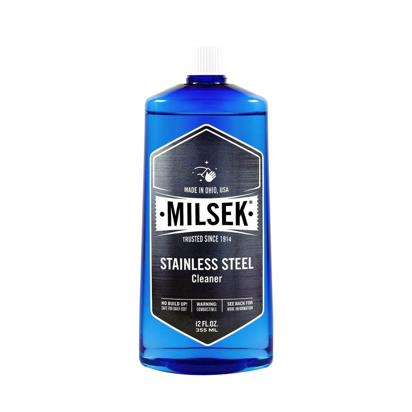 Blue plastic bottle of Milsek stainless steel cleaner, 12 oz, for cleaning appliances in home improvement and cleaning supplies.
