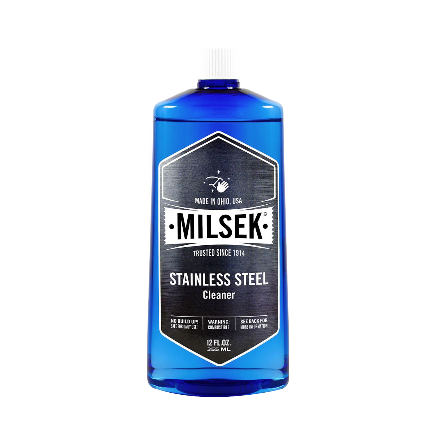 Blue plastic bottle of Milsek stainless steel cleaner, 12 oz, for cleaning appliances in home improvement and cleaning supplies.