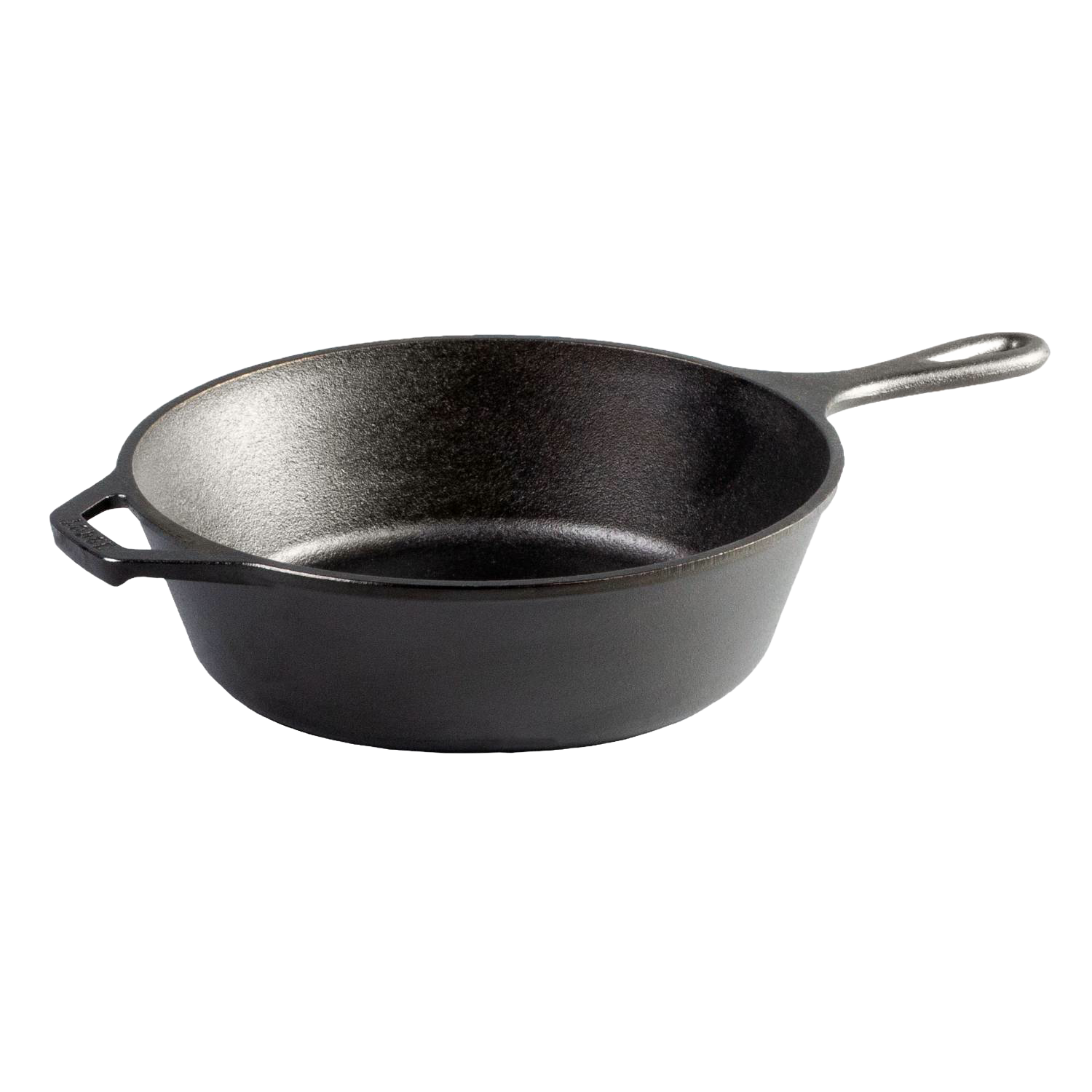 Black cast iron deep skillet with long handle and helper grip for versatile cooking in Kitchenware and Lodge Cast Iron collections