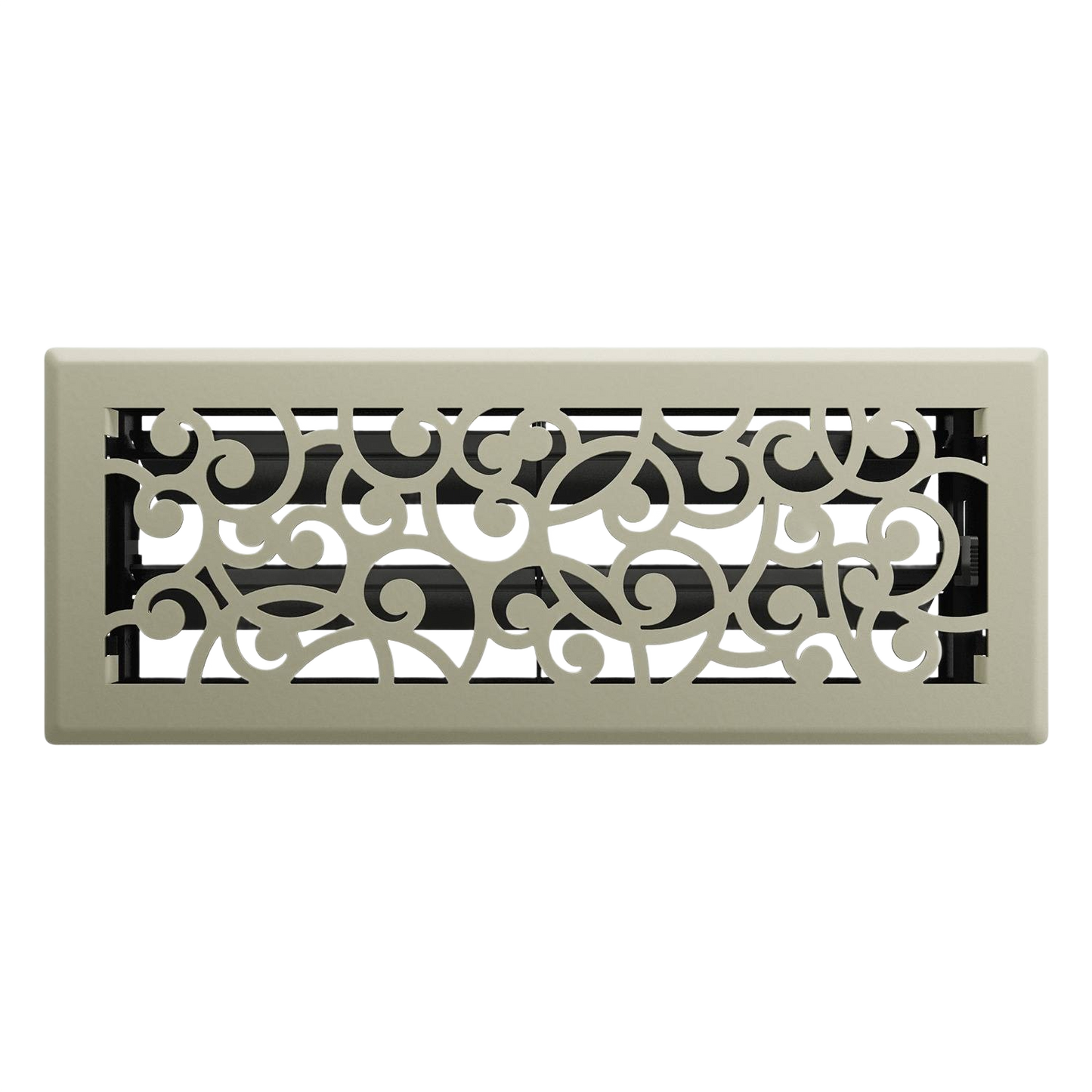 Decorative satin nickel floor register with intricate wonderland scroll design for ventilation and home improvement projects