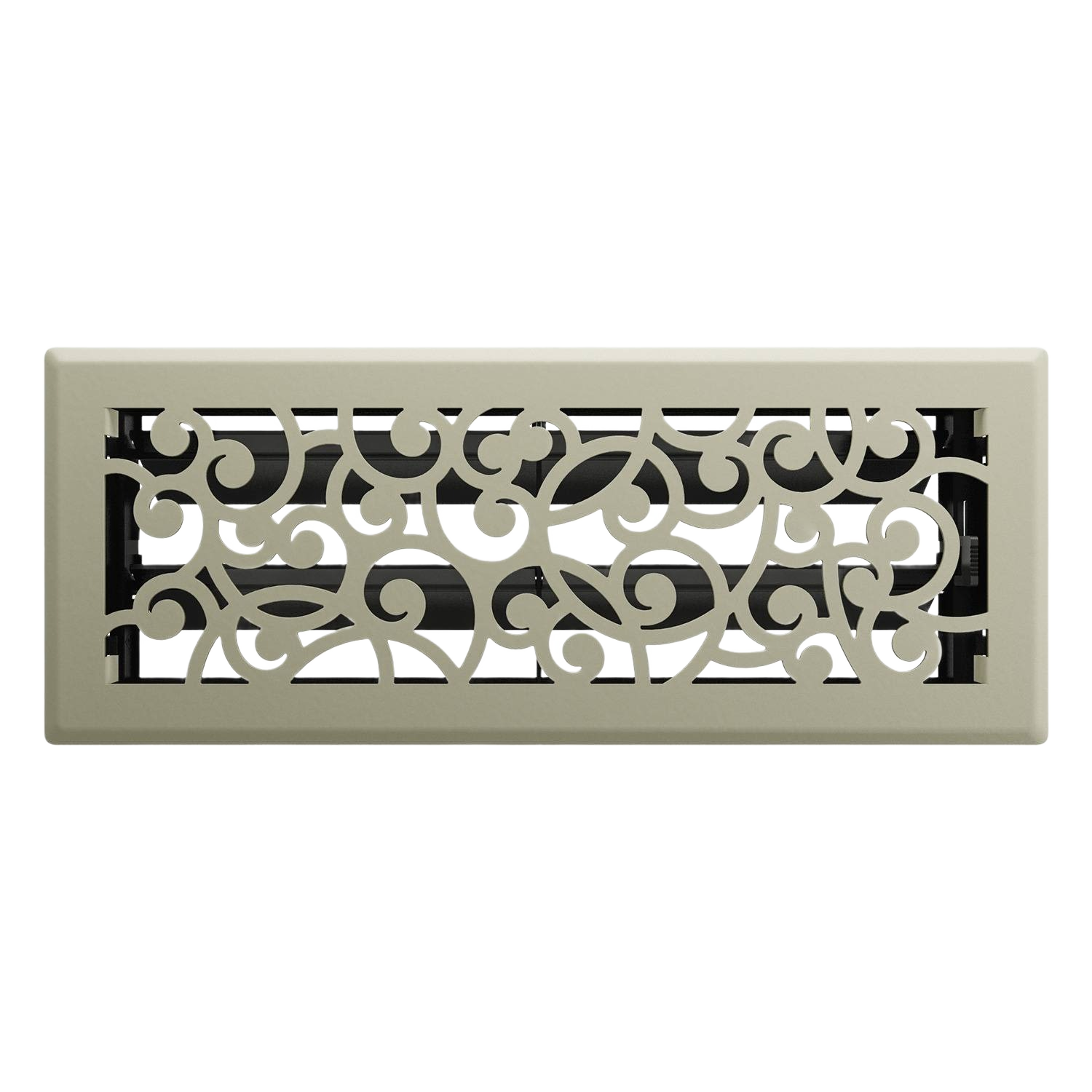 Decorative satin nickel floor register with intricate wonderland scroll design for ventilation and home improvement projects