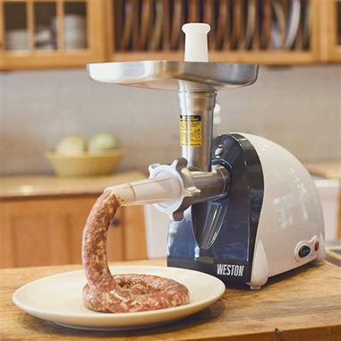 Electric meat grinder with sausage stuffer attachment in white and stainless steel for small kitchen appliances under $100 collections
