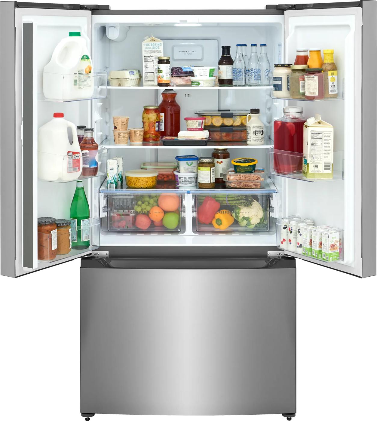 French door refrigerator in stainless steel with adjustable shelves, door bins, and clear crisper drawers from Appliances collection