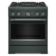 matte dark green 30-inch commercial-style dual fuel range with four gas burners and electric oven in KitchenAid collection