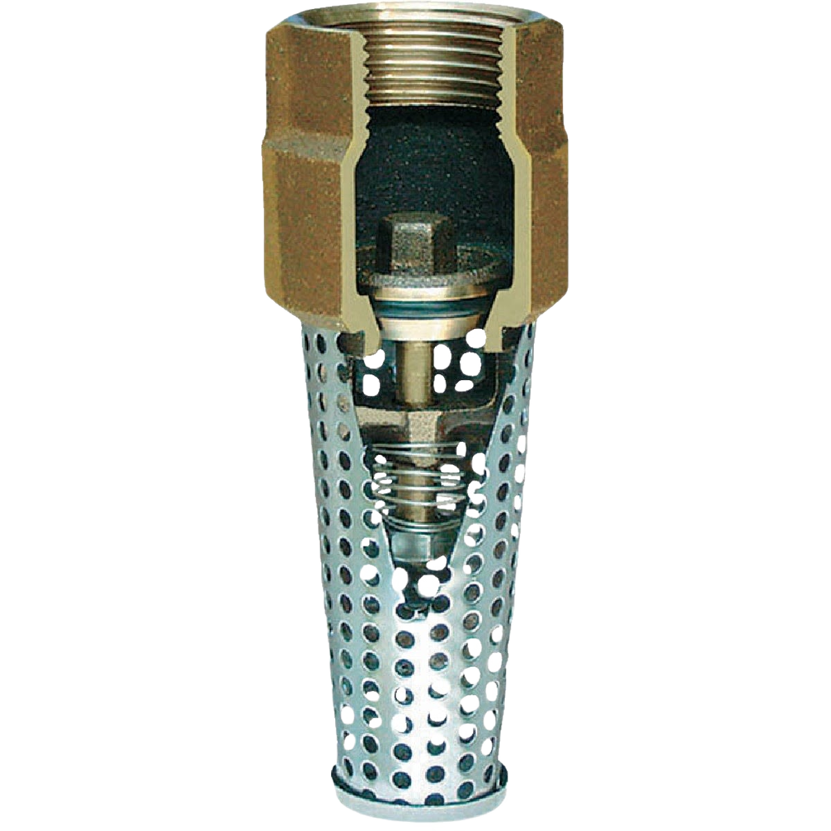 Silicon bronze foot valve with perforated screen for fluid control in tools and home improvement applications