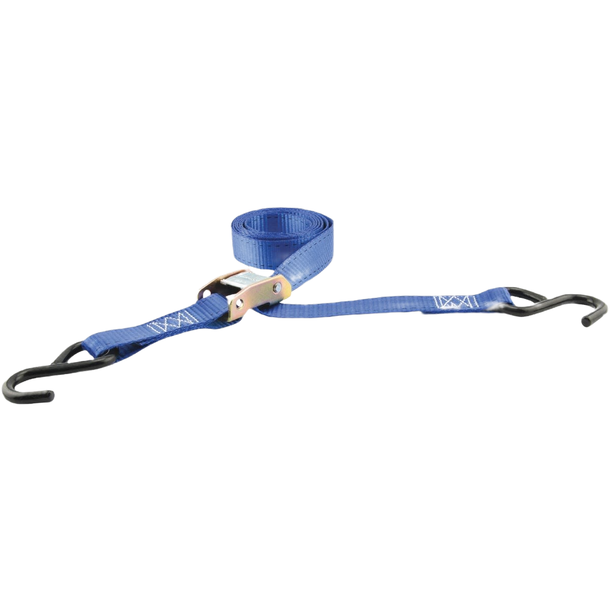 Blue polyester tie-down strap with metal cam buckle and coated hooks for securing cargo in tools and home improvement tasks