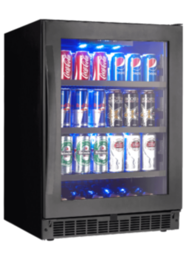 Compact dark tempered steel beverage center with glass door and blue LED lighting in Beverage Centers collection