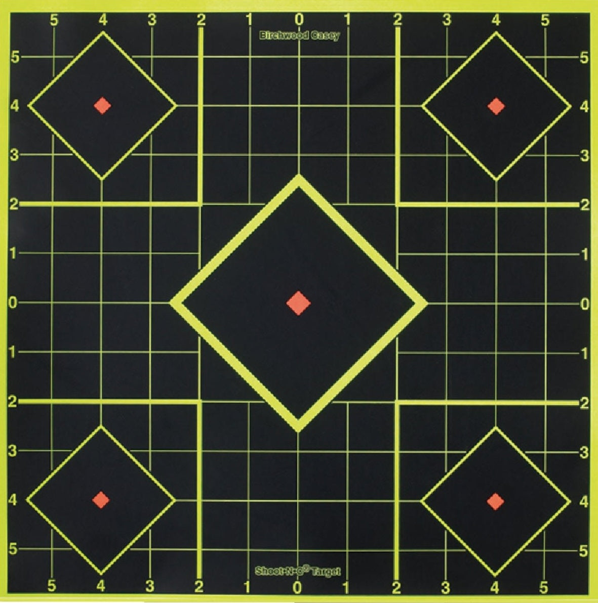 Black Shoot-N-C target with concentric yellow grid lines and five red diamond aiming points for sighting in firearms