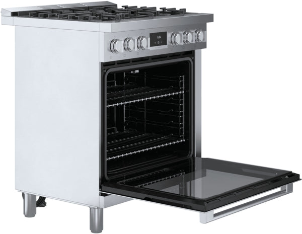 30-inch stainless steel gas freestanding range with open oven door, metal knobs, and digital control in kitchen appliances collection