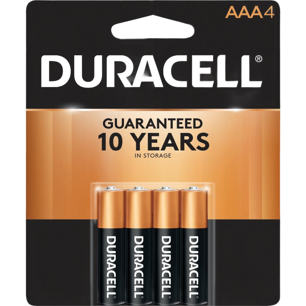 Package of four copper top AAA alkaline batteries for home improvement and tools applications