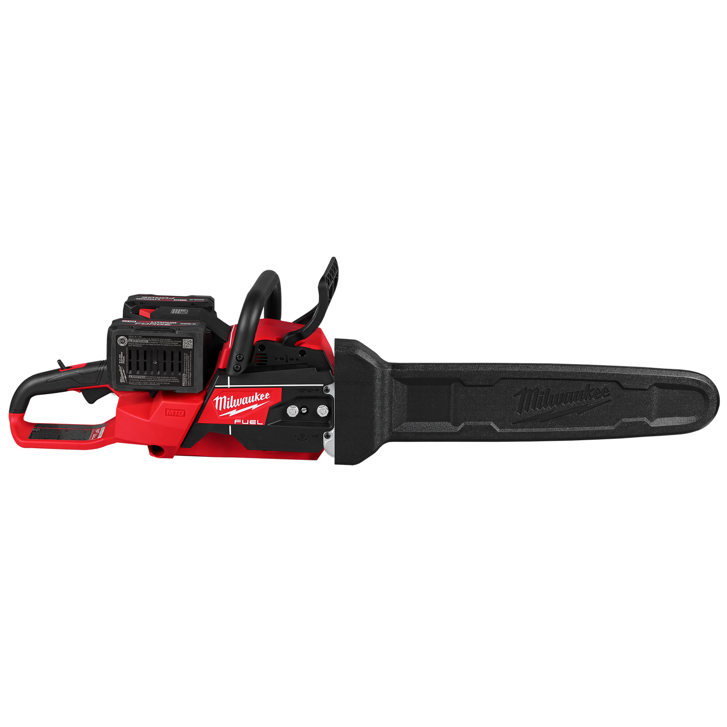 Red and black cordless chainsaw with 20-inch bar and dual battery pack for efficient home improvement cutting tasks
