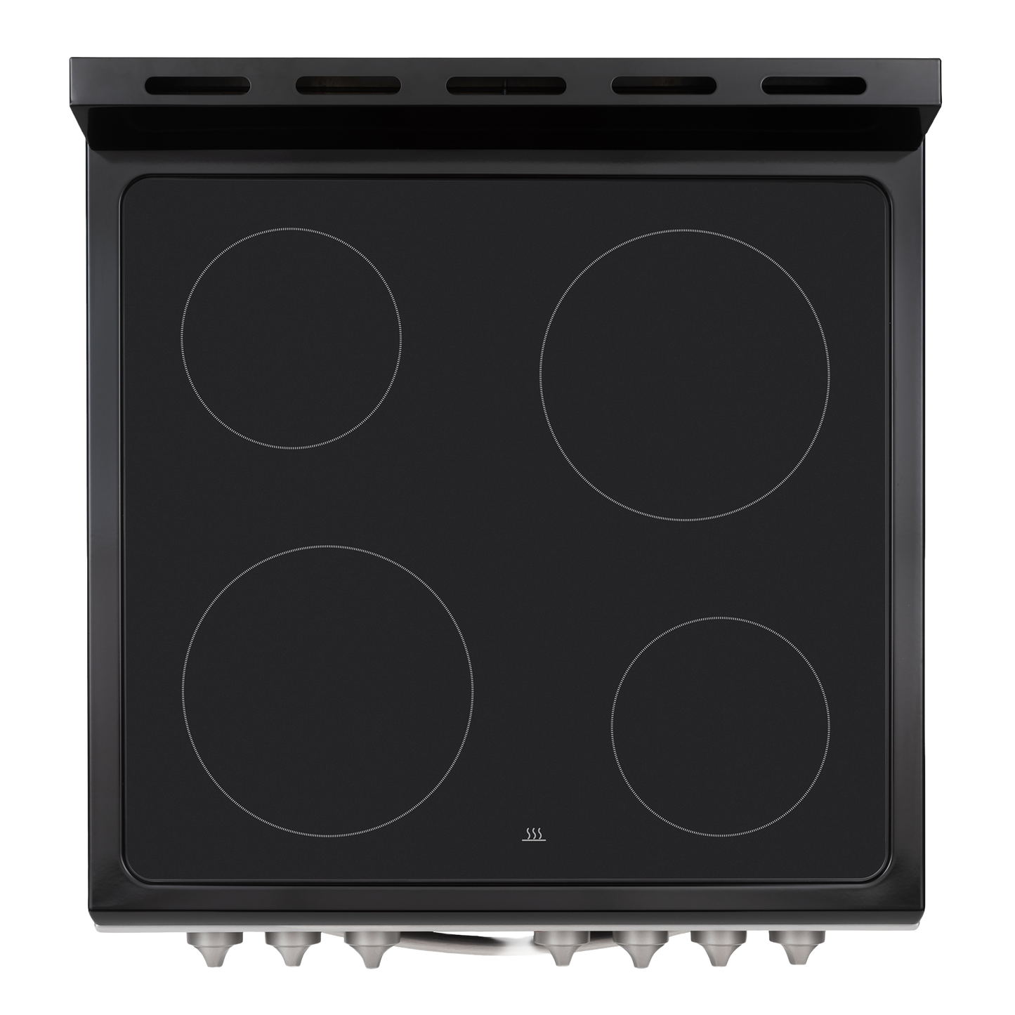 Top view of a black electric range cooktop with four radiant heating elements and front control knobs in modern kitchen appliances collection
