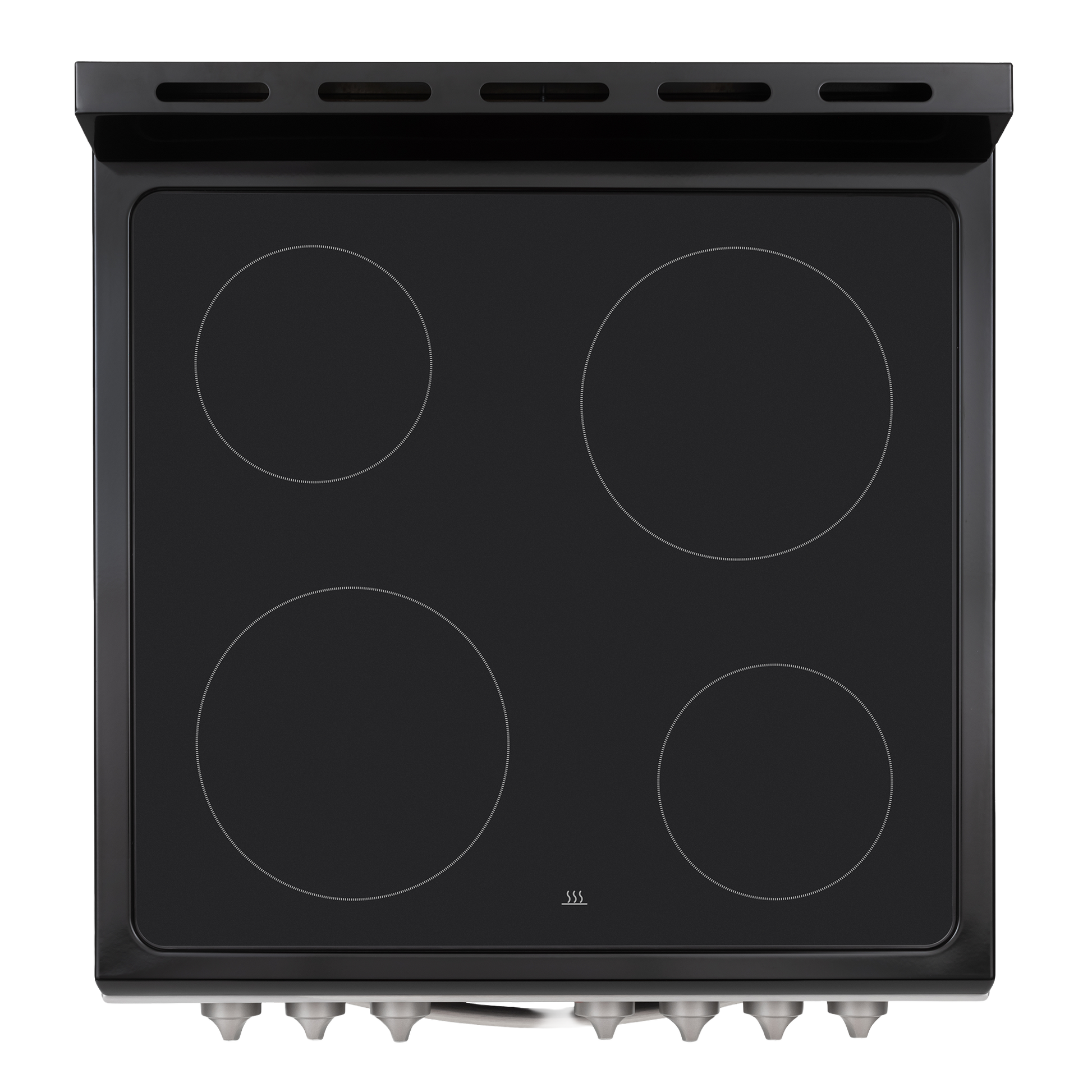 Top view of a black electric range cooktop with four radiant heating elements and front control knobs in modern kitchen appliances collection