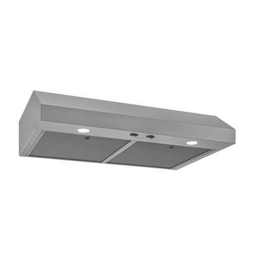 stainless steel under cabinet range hood with two speed settings and built-in lighting for kitchen ventilation and home improvement