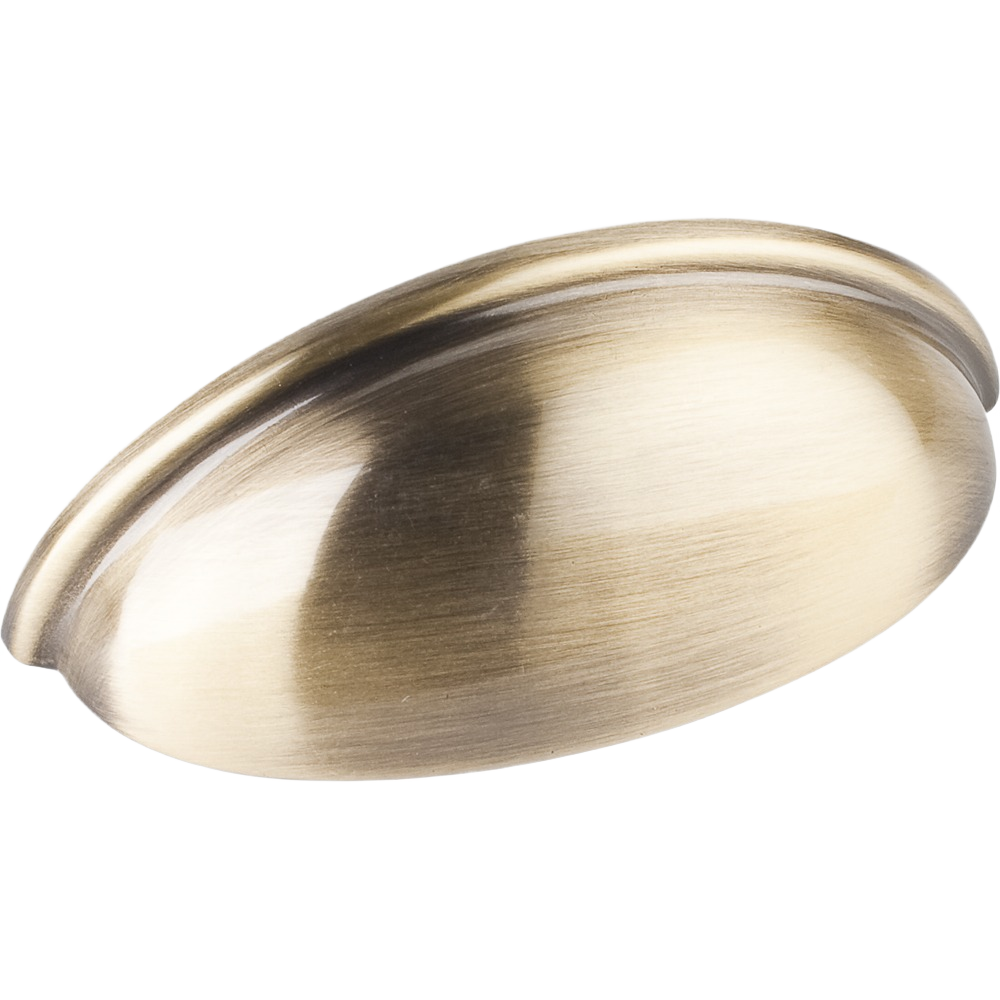 Brushed antique brass cup pull with smooth curved design for cabinet and furniture hardware under $50 collections